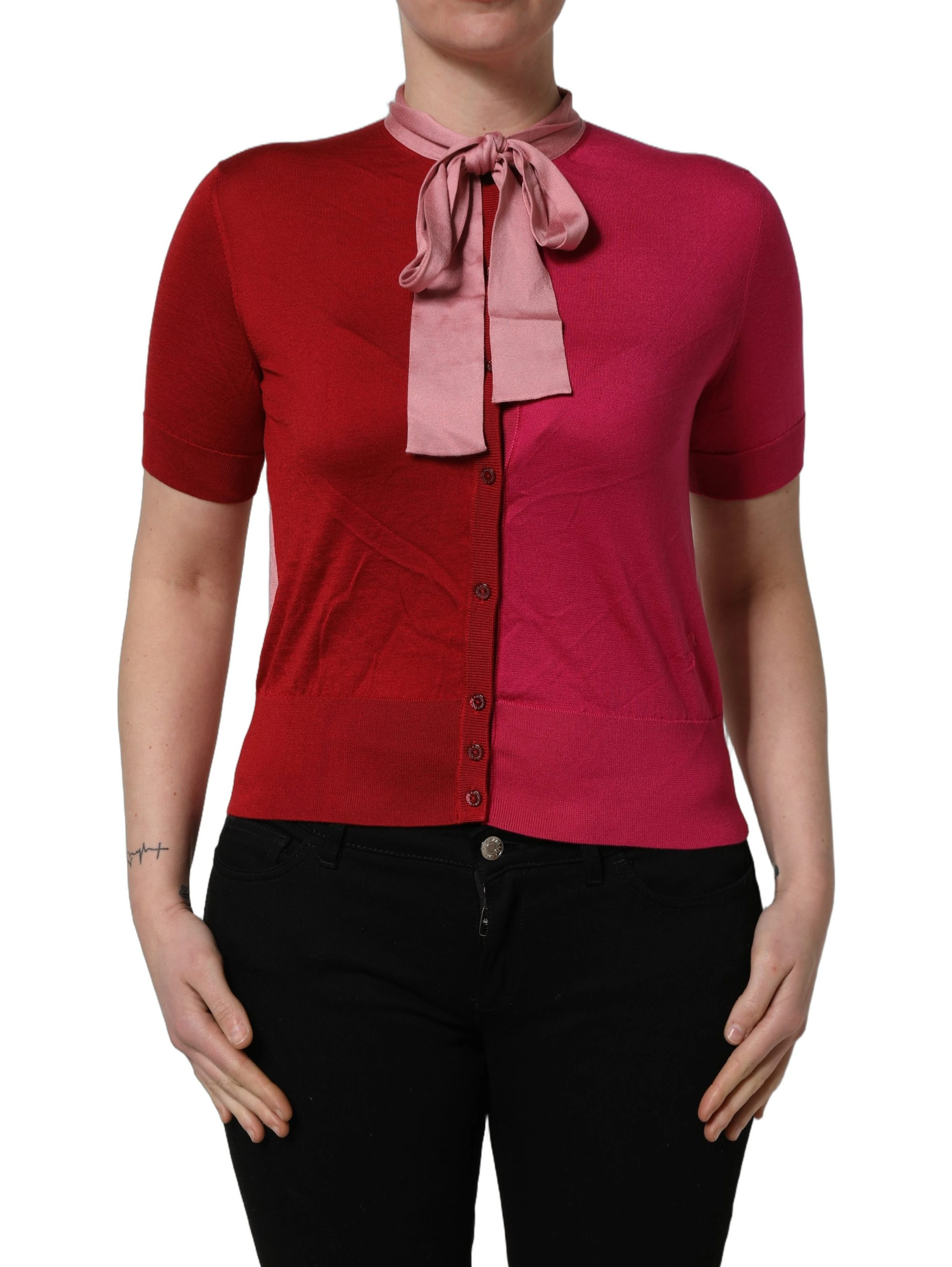 Pink Short Sleeves Buttoned Ascot Collar Top