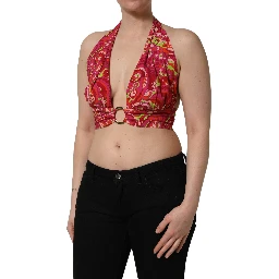 Red Paisley Silk Halter Neck Crop Tank Top