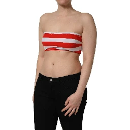 White Red Nylon Striped Ribbed Tube Crop Top