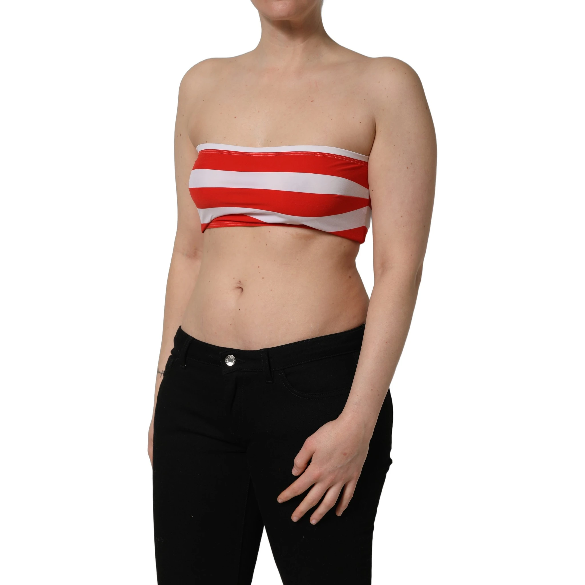 White Red Nylon Striped Ribbed Tube Crop Top