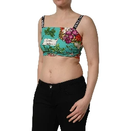 Turquoise Vegetable Print Silk Crop Tank Top