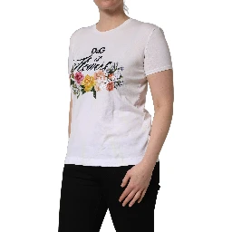 White D&G is Flowers Print Round Neck T-shirt