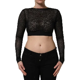 Black Nylon Fishnet Long Sleeve Cropped Top