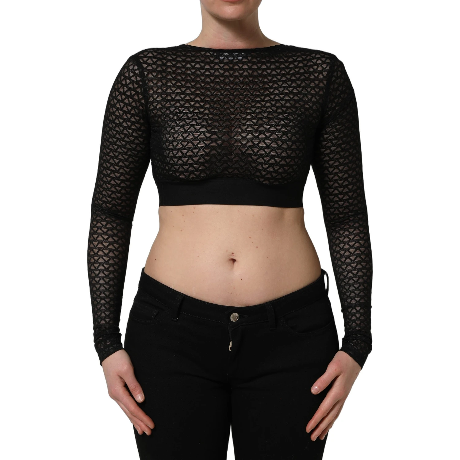 Black Nylon Fishnet Long Sleeve Cropped Top