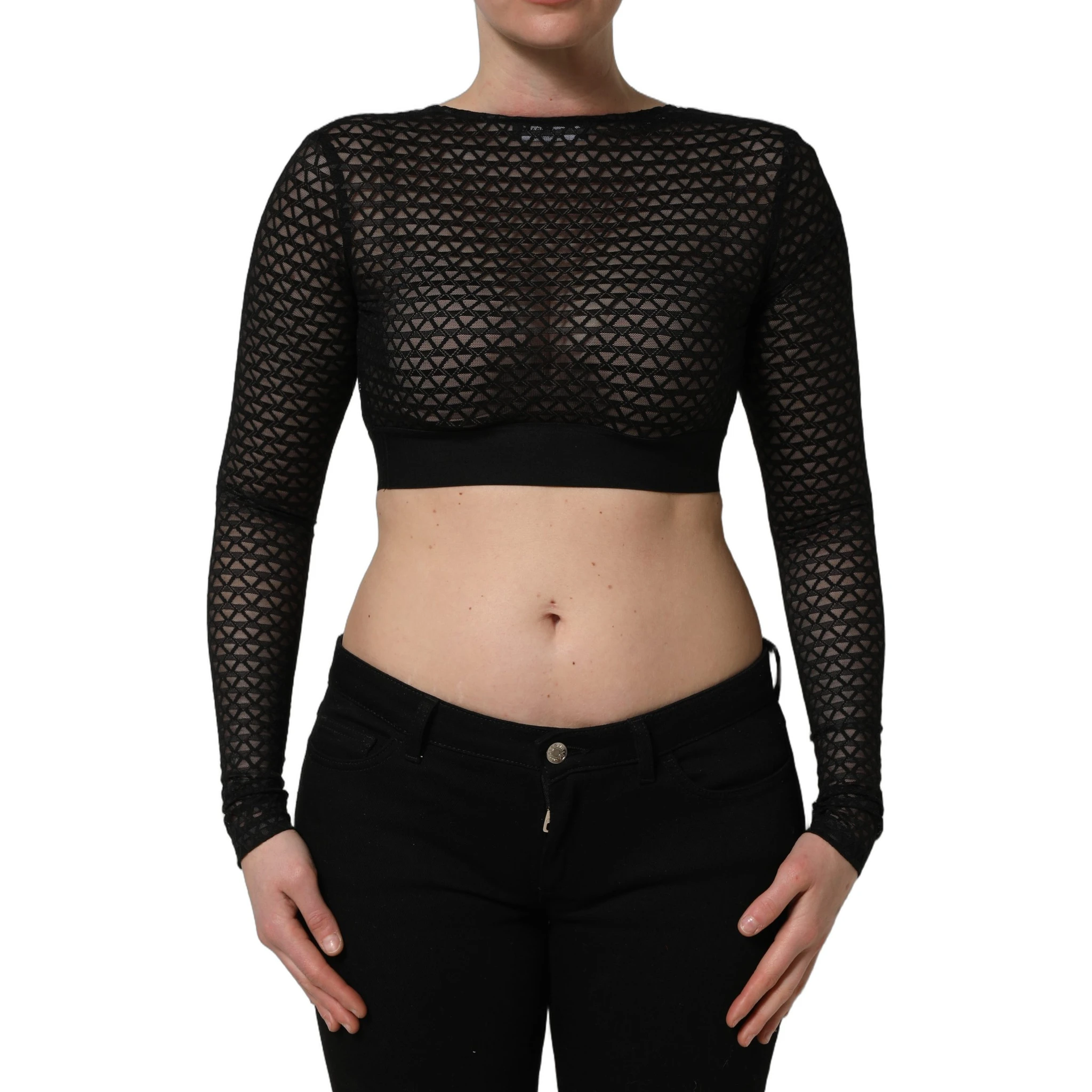 Black Nylon Fishnet Long Sleeve Cropped Top