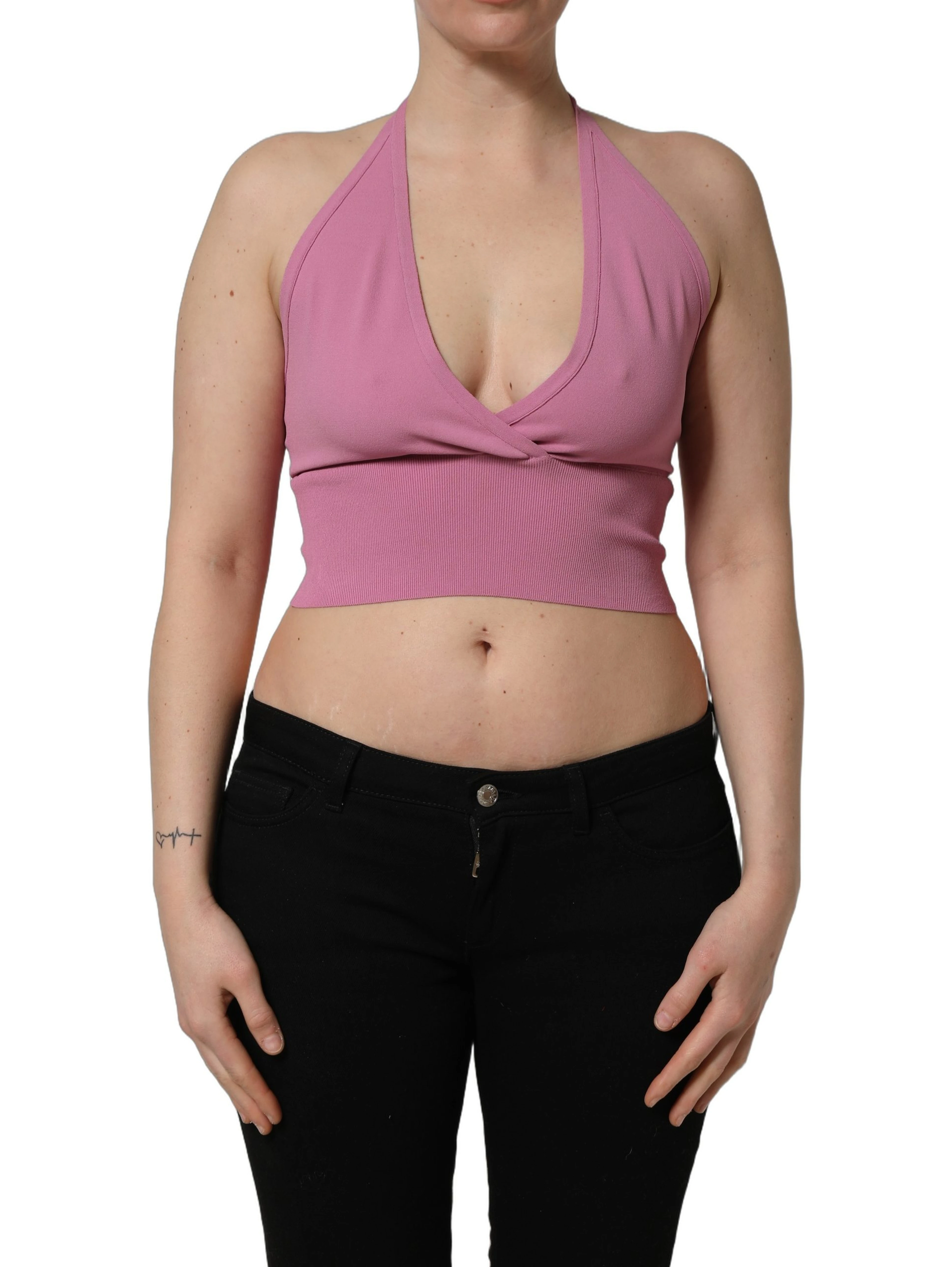 Pink Halter Neck Fitted Cropped Tank Top