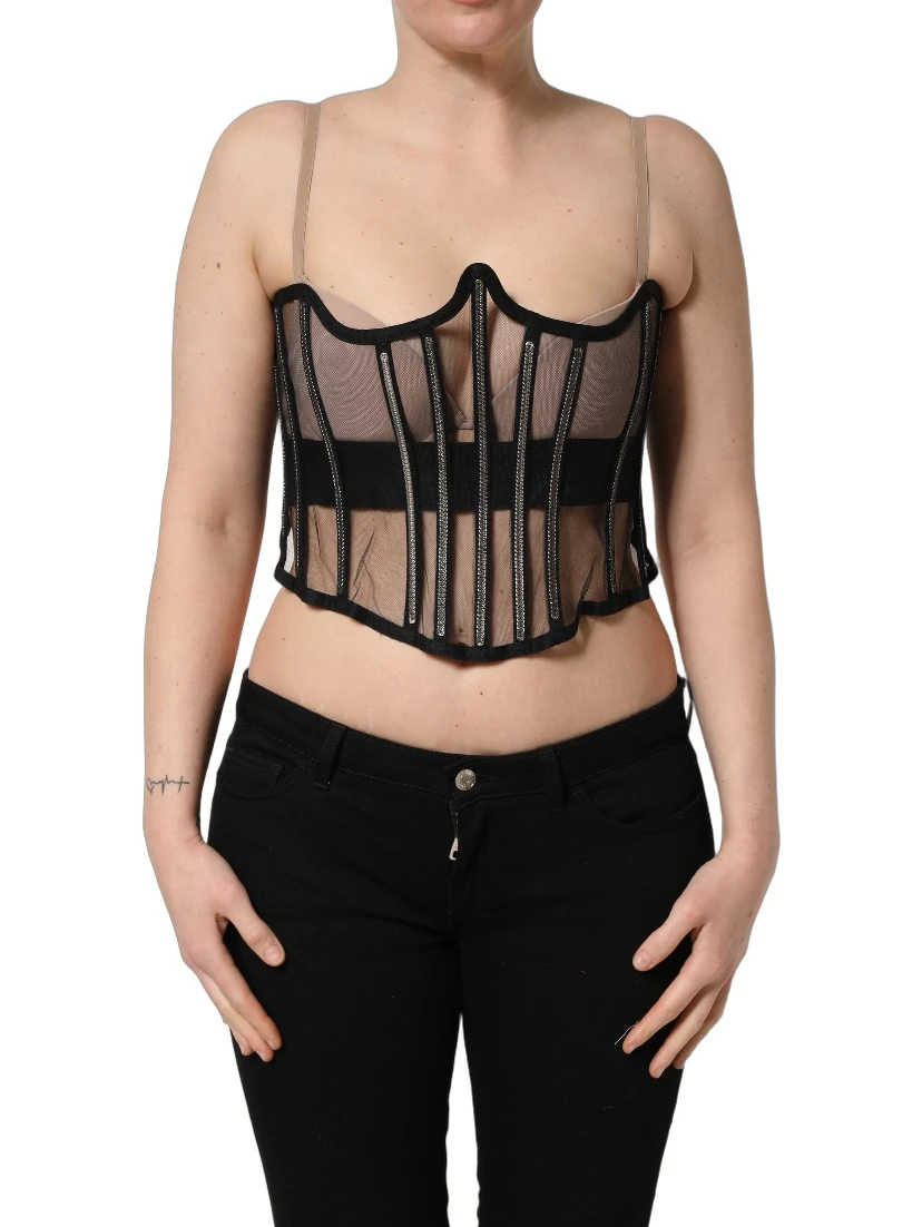 Black Sheer Tulle Bodysuit Cropped Corset Top