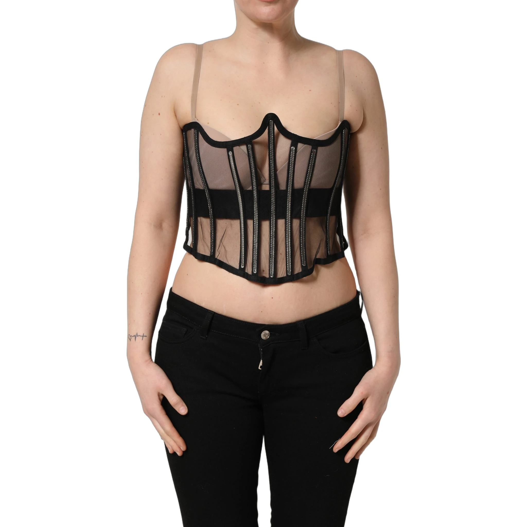 Black Sheer Tulle Bodysuit Cropped Corset Top