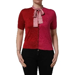Pink Short Sleeves Buttoned Ascot Collar Top