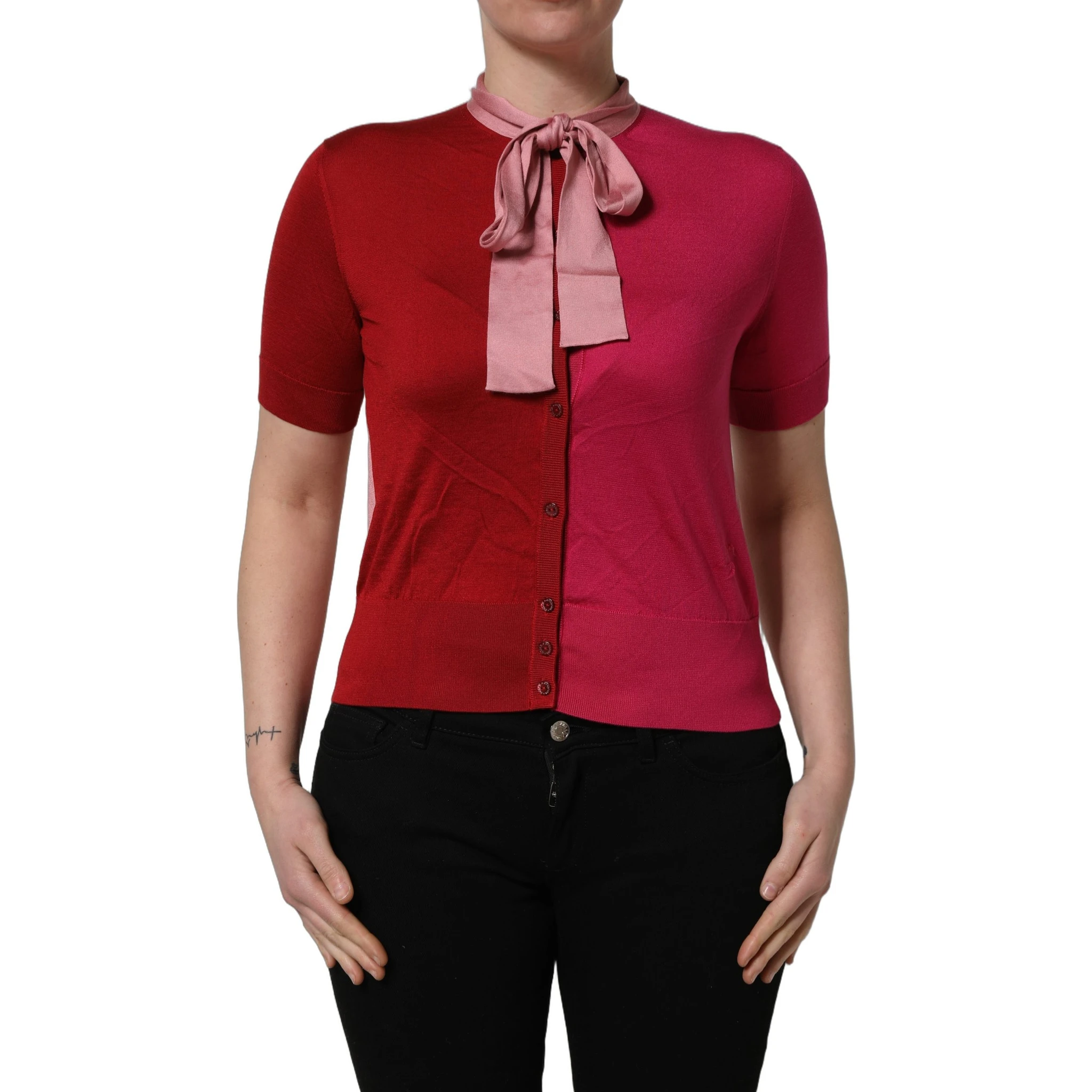 Pink Short Sleeves Buttoned Ascot Collar Top