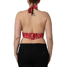 Red Paisley Silk Halter Neck Crop Tank Top