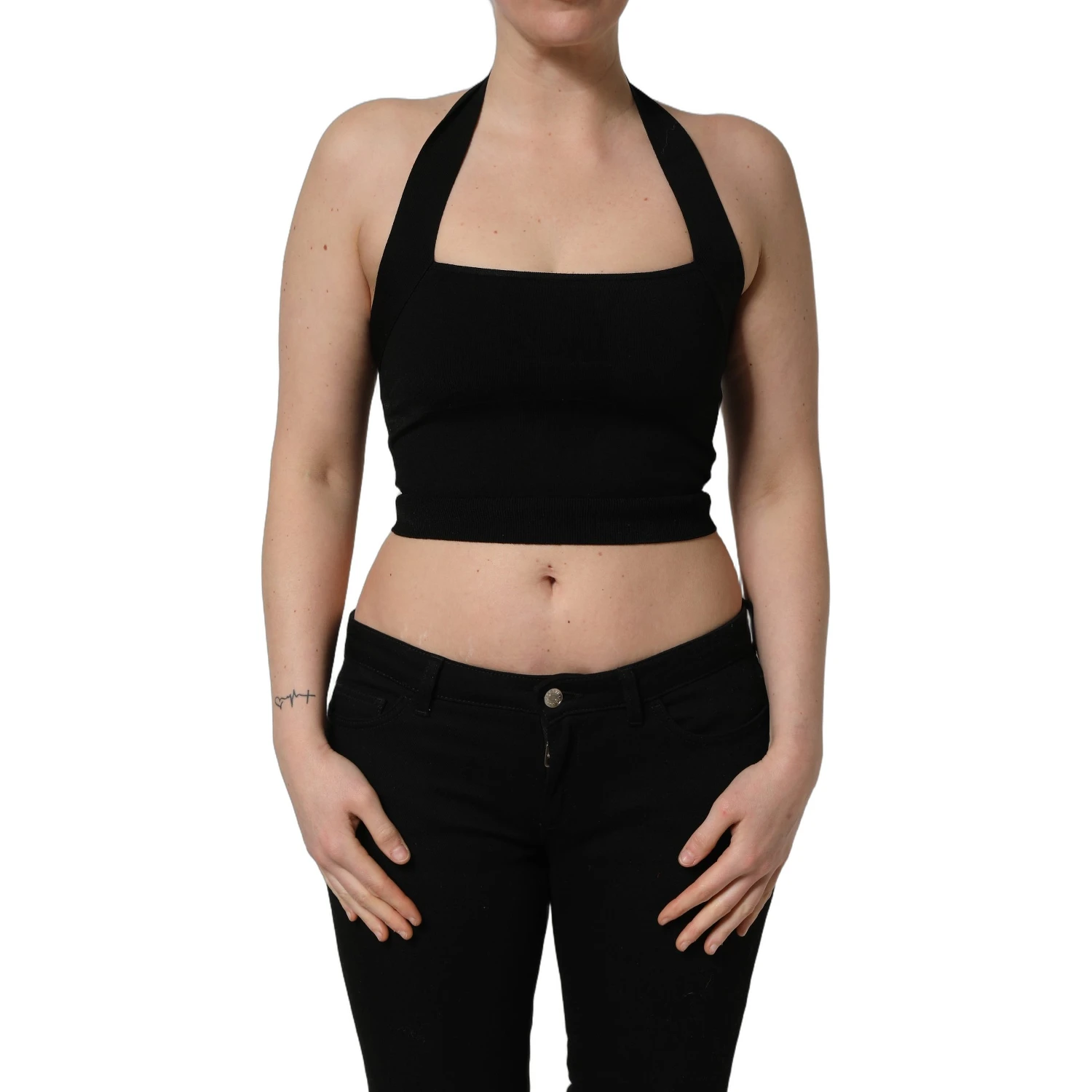 Black Square Neck Halter Cropped Tank Top