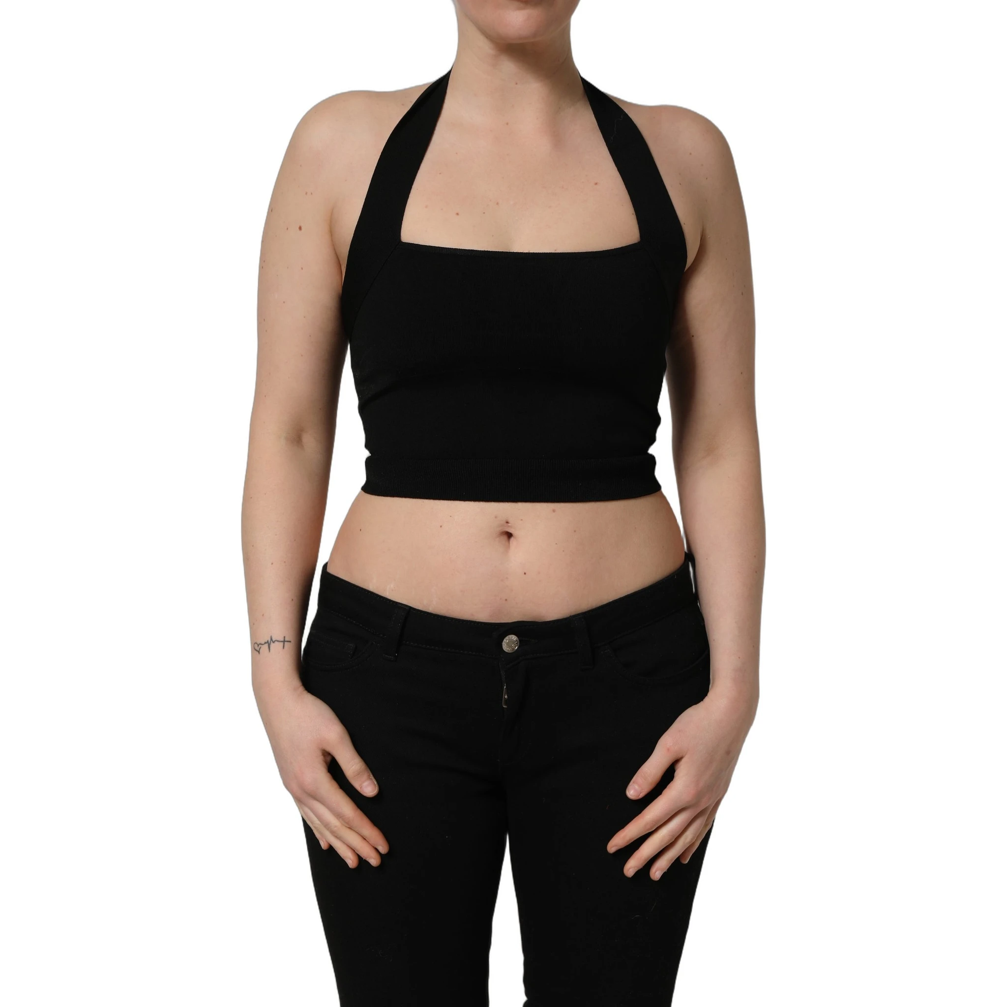 Black Square Neck Halter Cropped Tank Top