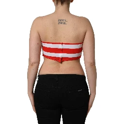 White Red Nylon Striped Ribbed Tube Crop Top