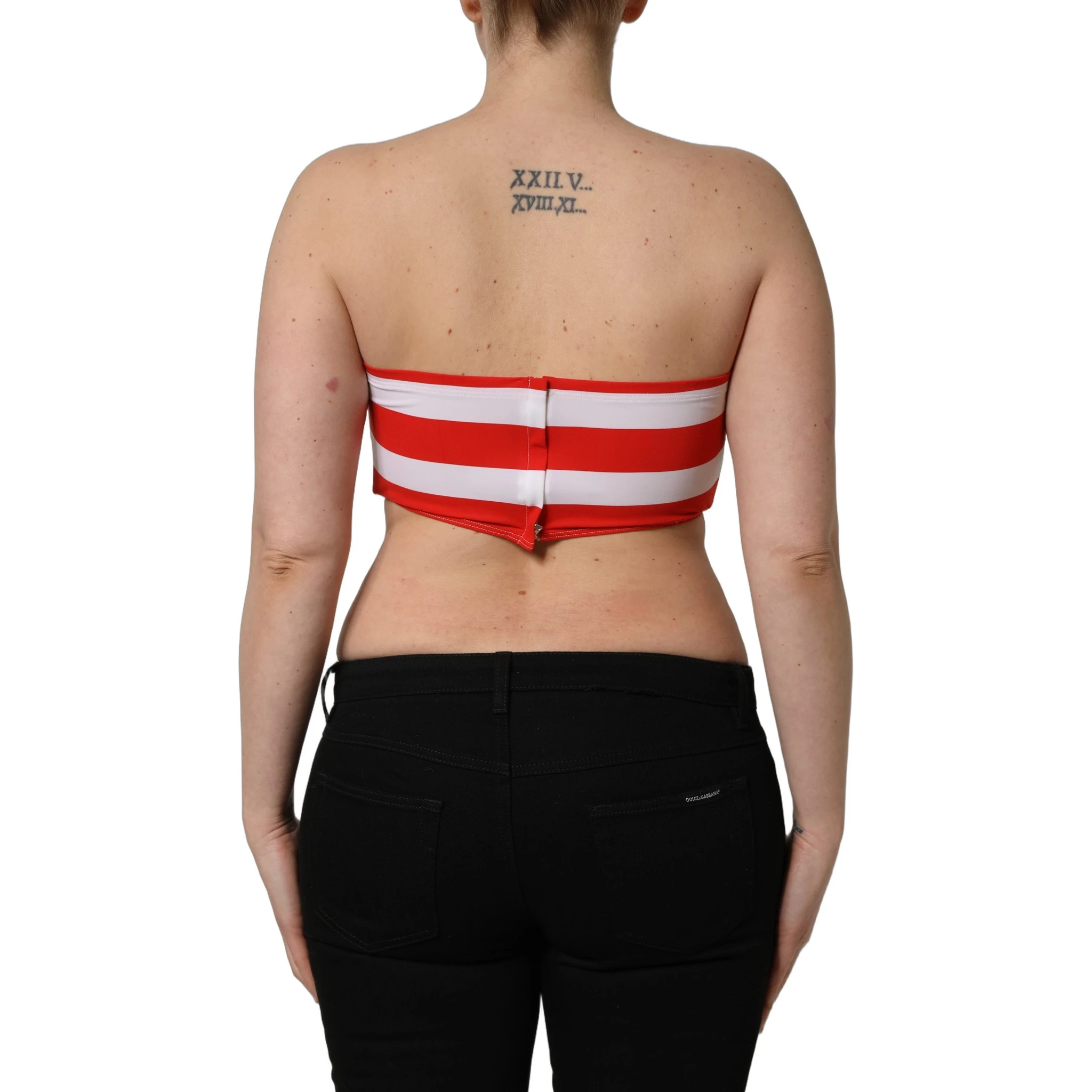 White Red Nylon Striped Ribbed Tube Crop Top