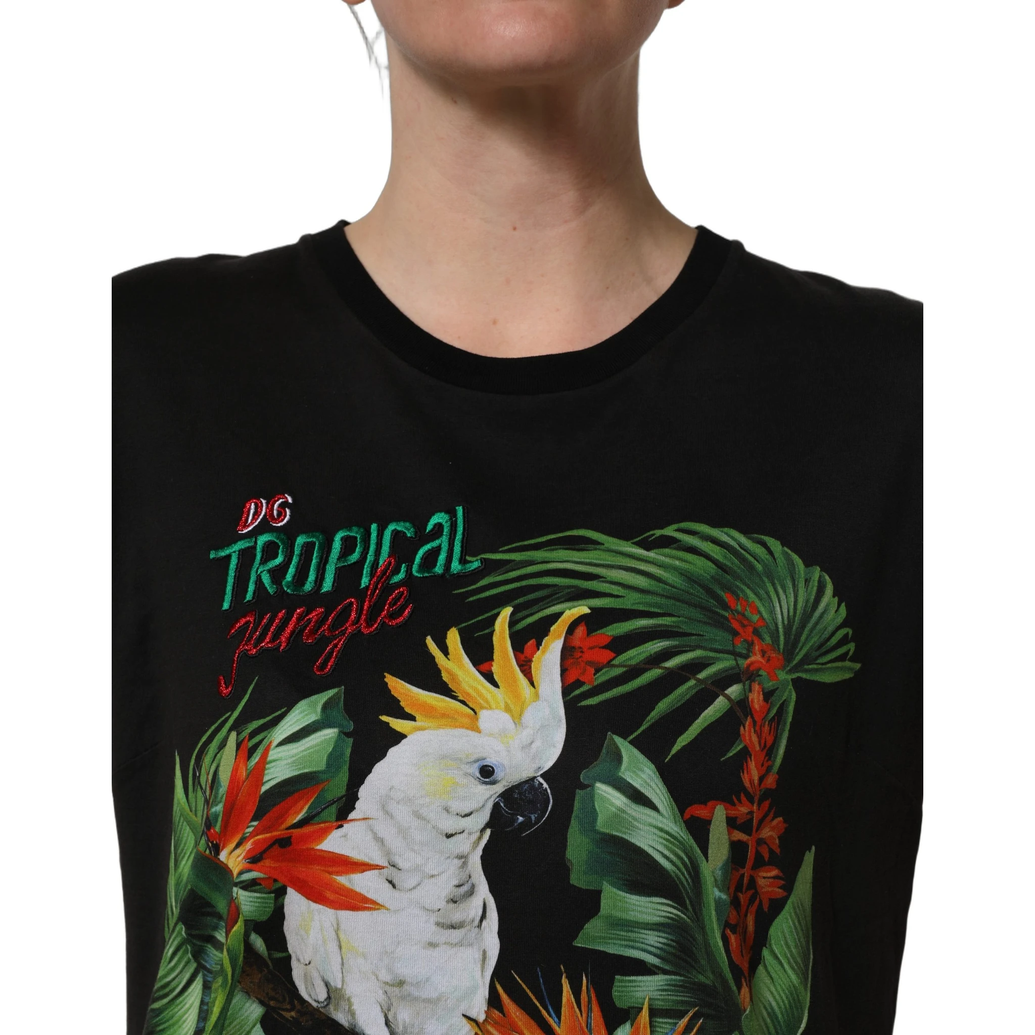 Black Tropical Jungle Round Neck T-shirt
