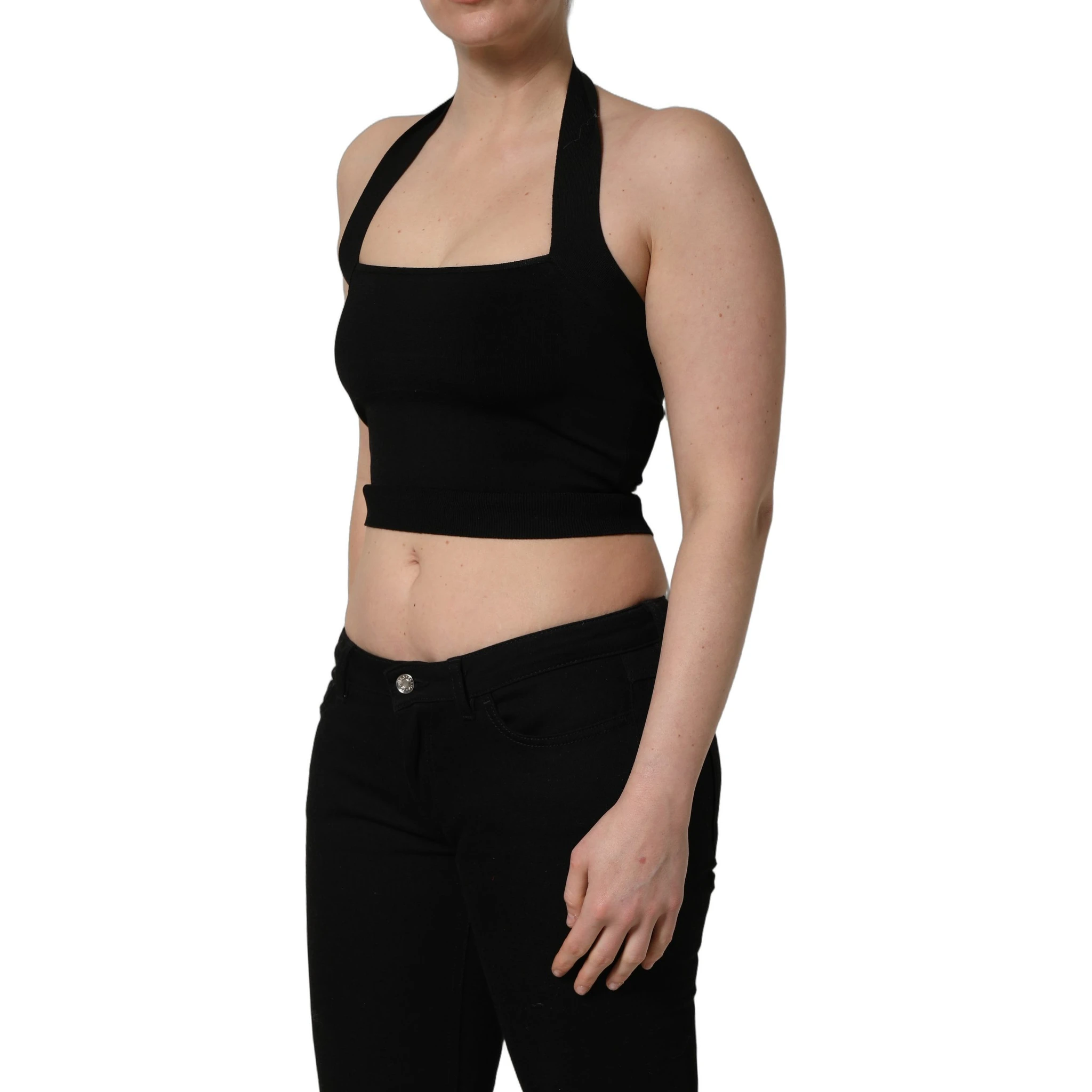 Black Square Neck Halter Cropped Tank Top
