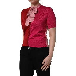 Pink Short Sleeves Buttoned Ascot Collar Top