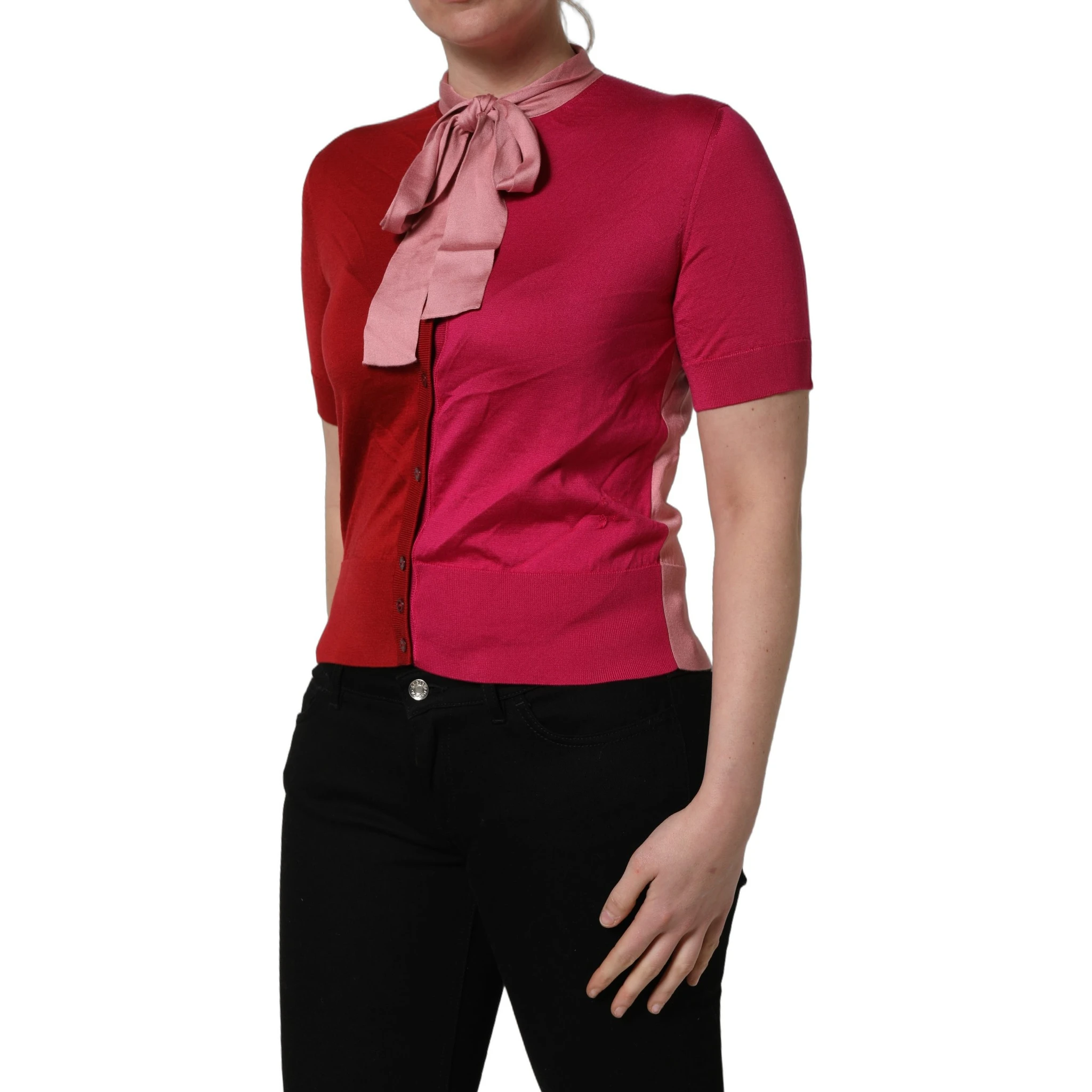 Pink Short Sleeves Buttoned Ascot Collar Top