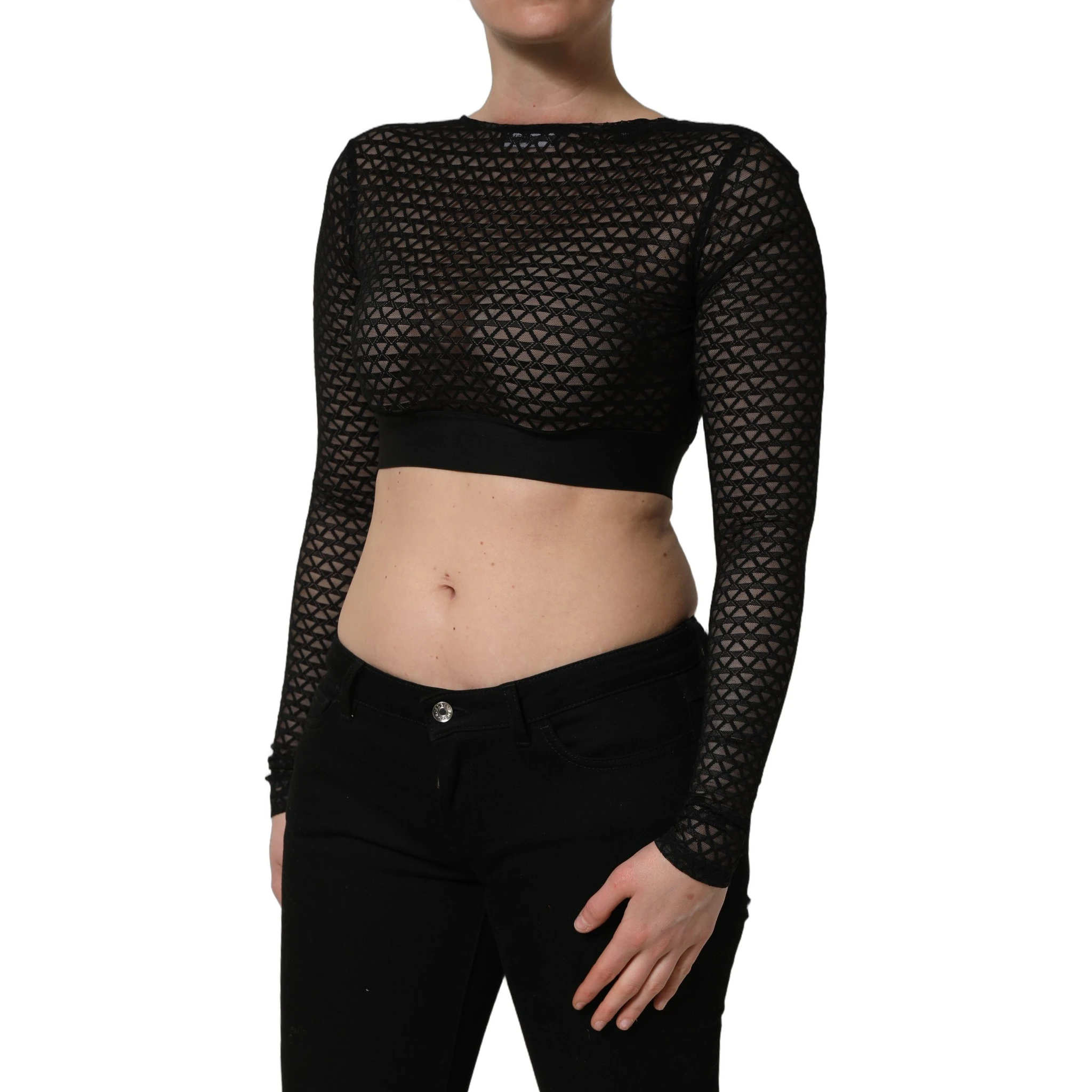 Black Nylon Fishnet Long Sleeve Cropped Top