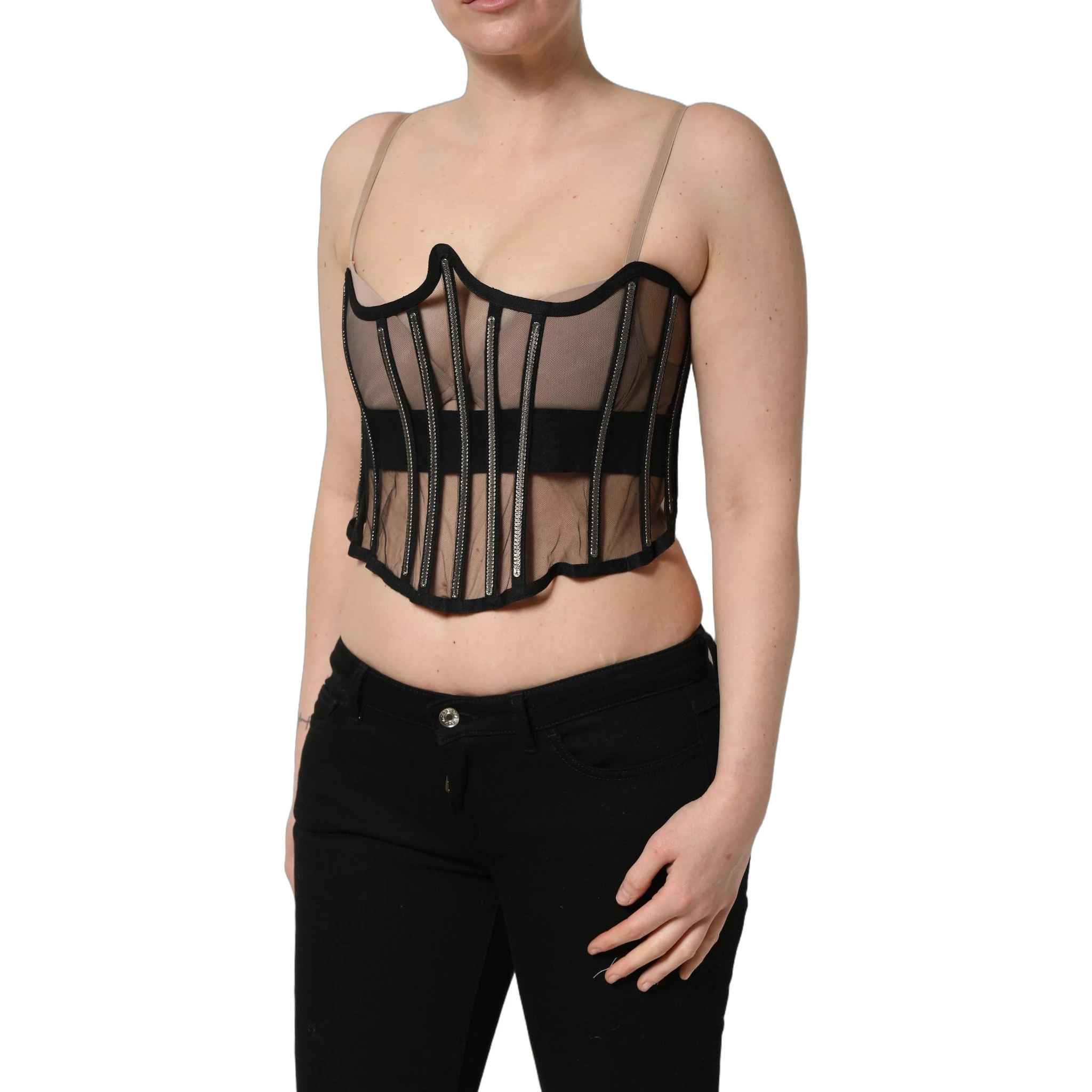 Black Sheer Tulle Bodysuit Cropped Corset Top