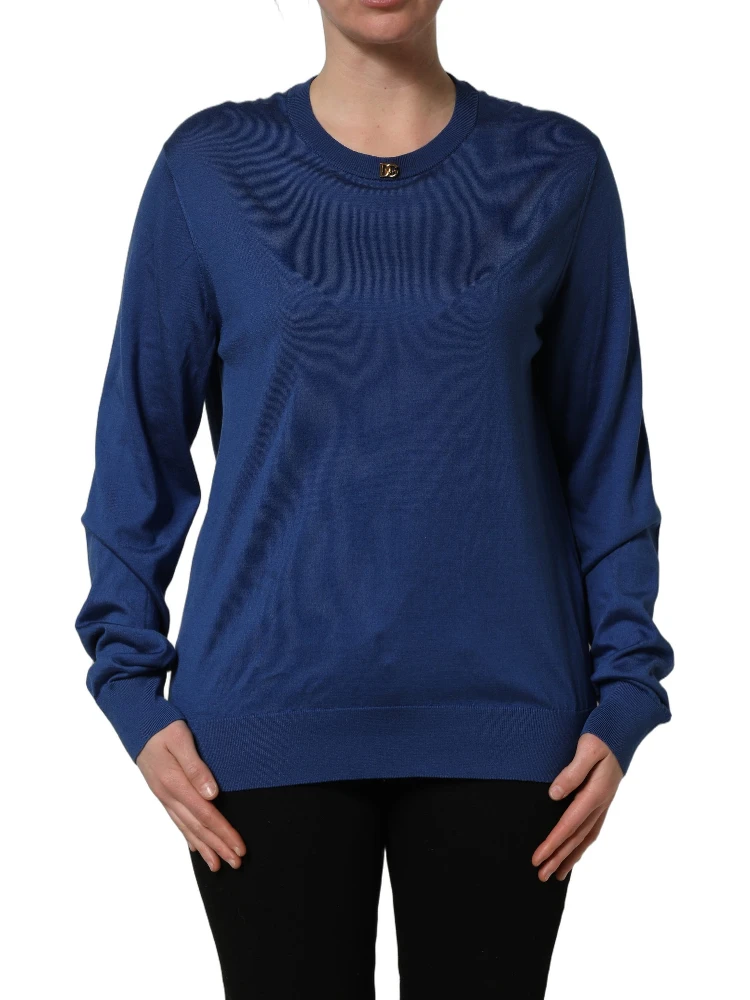 Blue Silk DG Logo Crew Neck Pullover Sweater