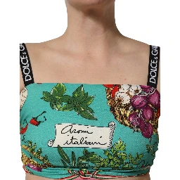 Turquoise Vegetable Print Silk Crop Tank Top