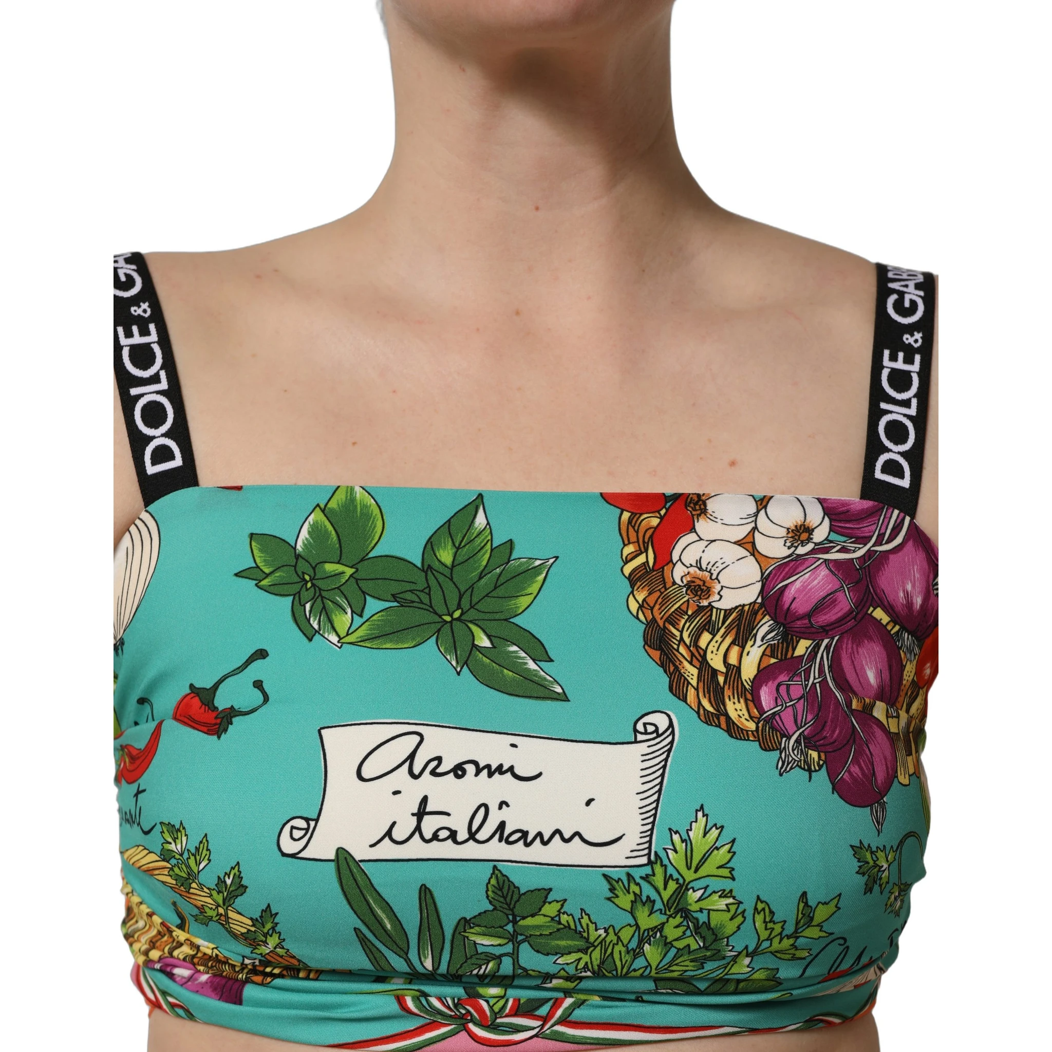 Turquoise Vegetable Print Silk Crop Tank Top