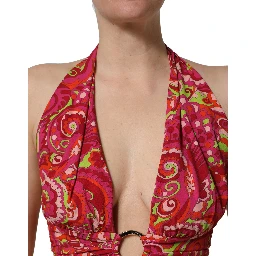 Red Paisley Silk Halter Neck Crop Tank Top