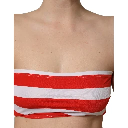 White Red Nylon Striped Ribbed Tube Crop Top