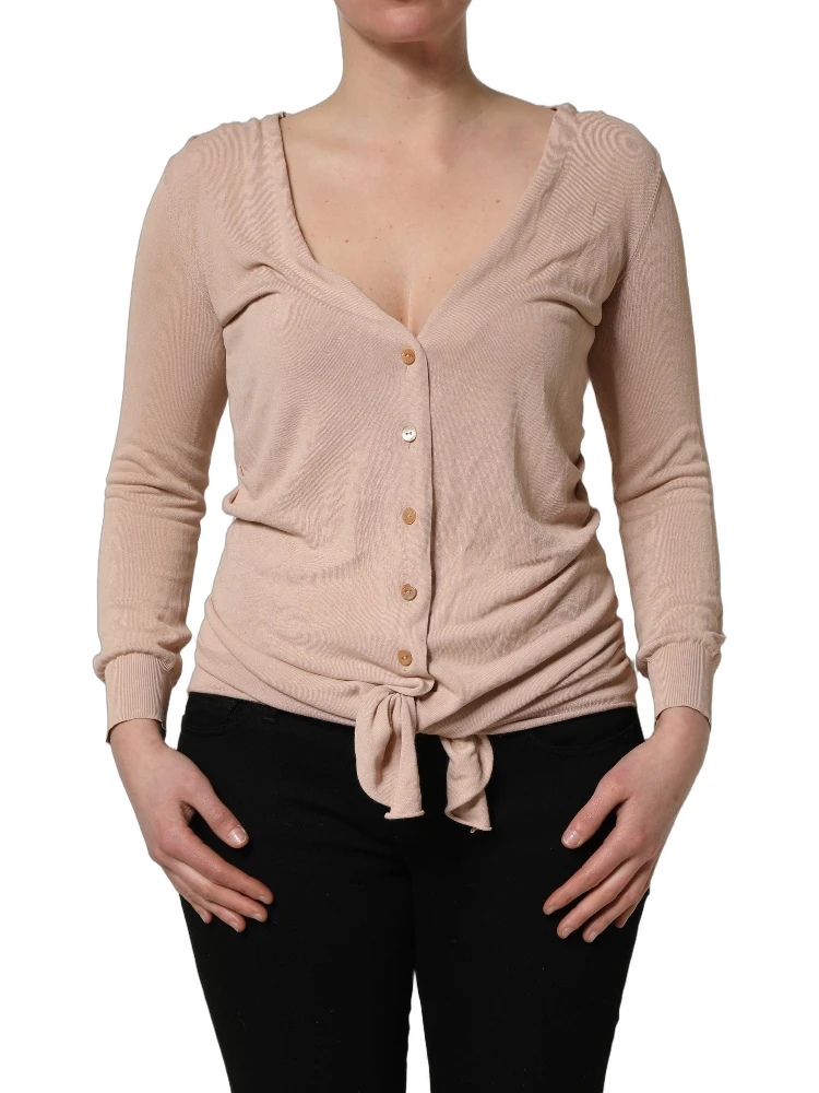 Beige Ribbed V-neck Front Tie Cardigan Sweater