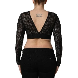 Black Nylon Fishnet Long Sleeve Cropped Top