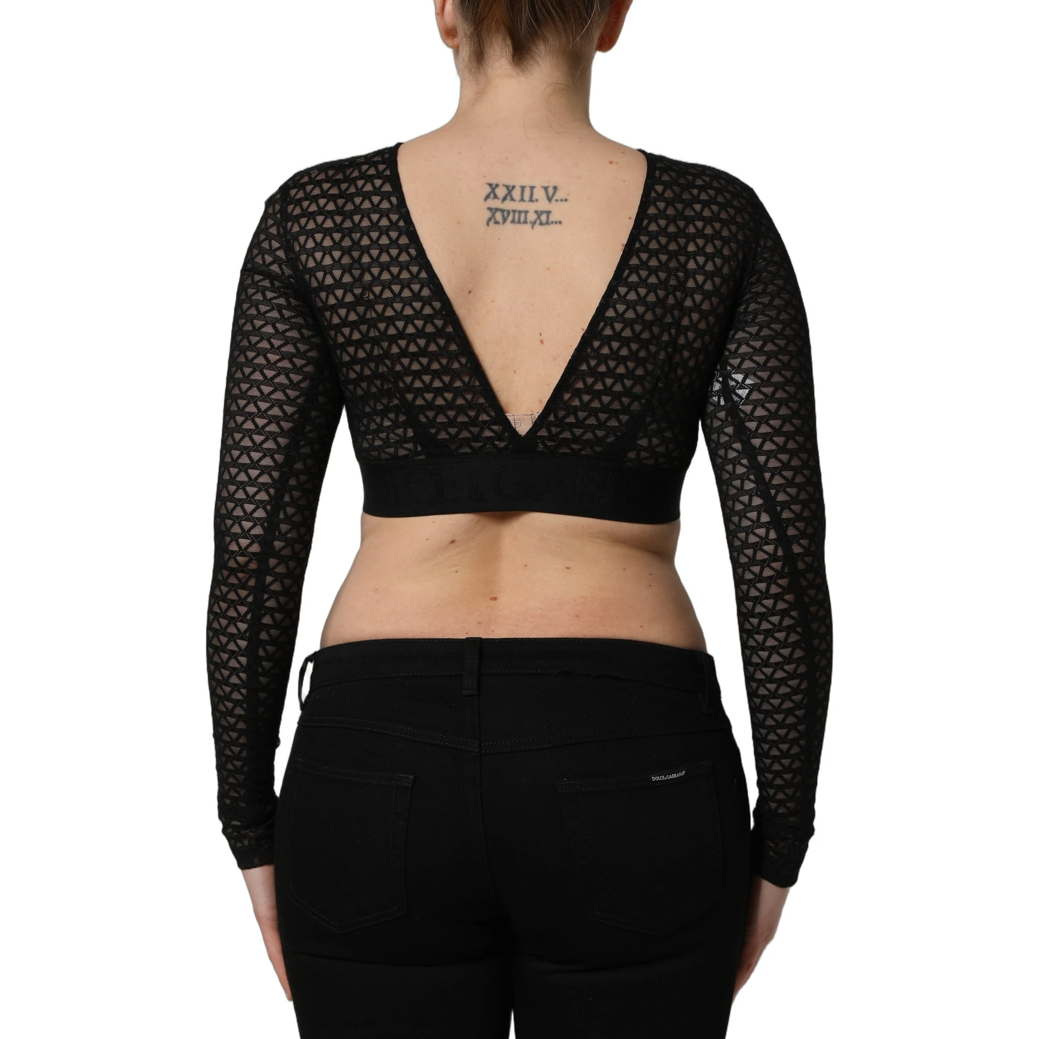 Black Nylon Fishnet Long Sleeve Cropped Top