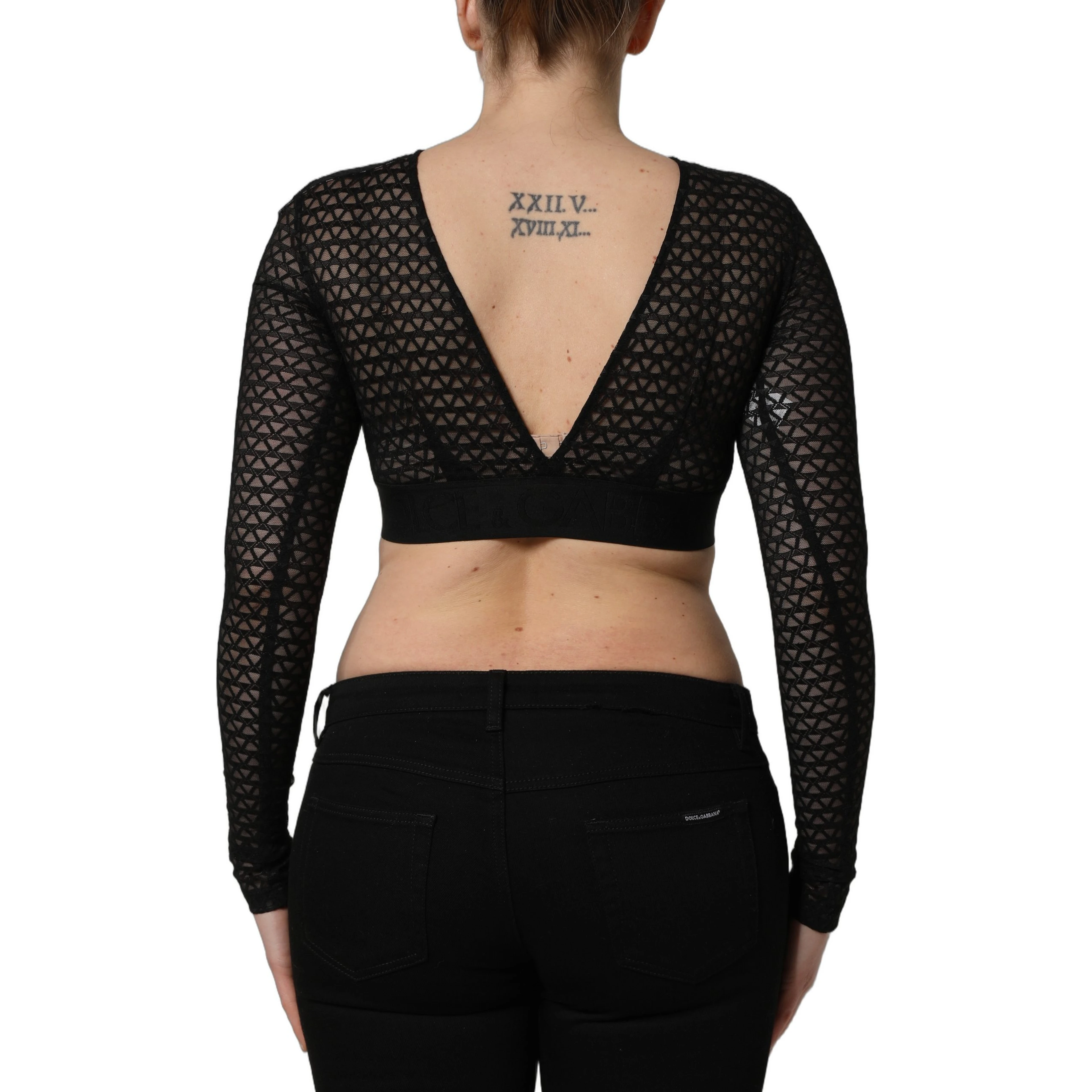 Black Nylon Fishnet Long Sleeve Cropped Top