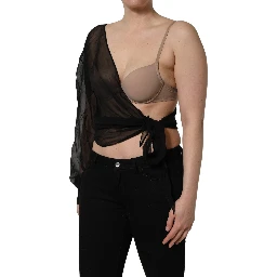 Black Wrap Sheer Chiffon One Shoulder Top