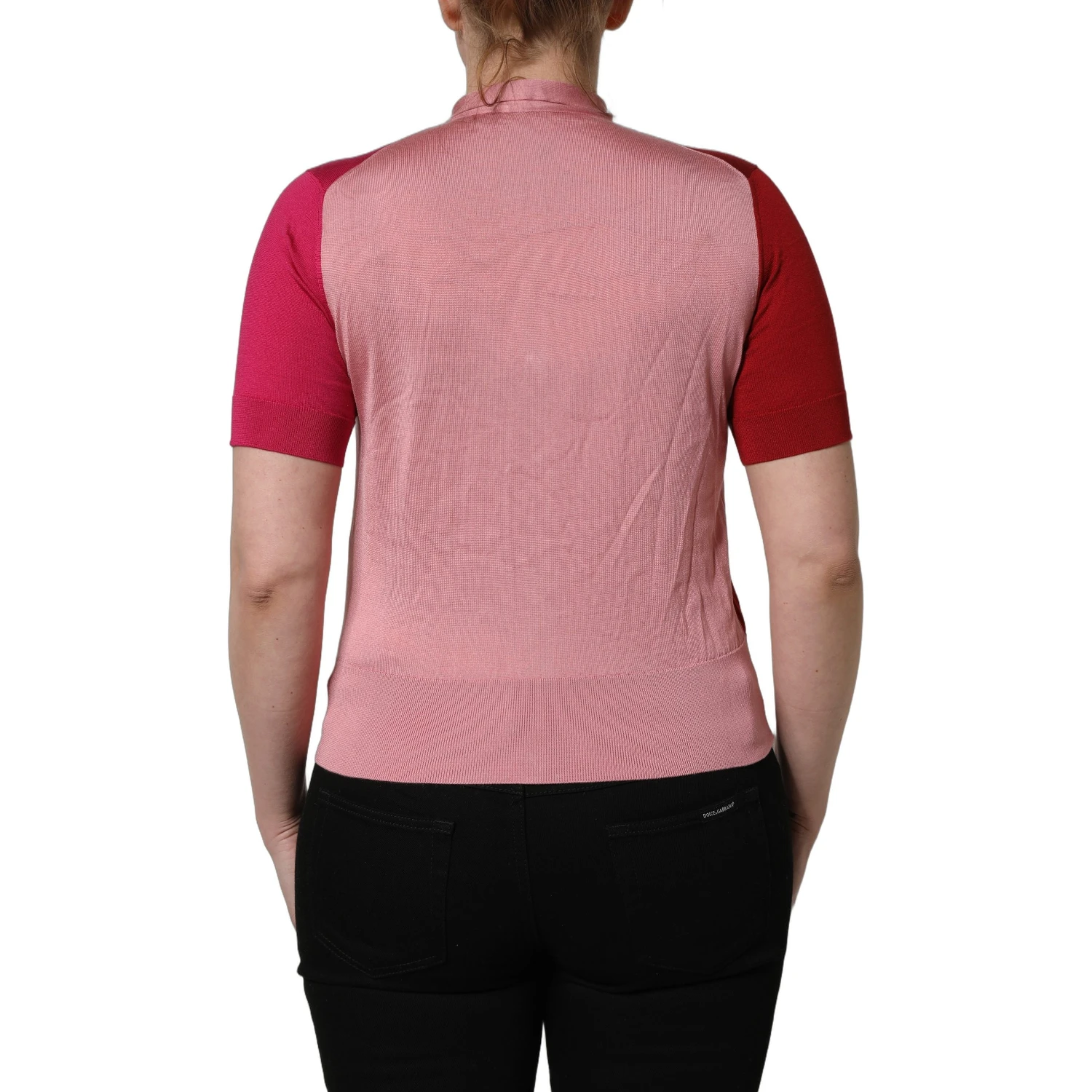 Pink Short Sleeves Buttoned Ascot Collar Top