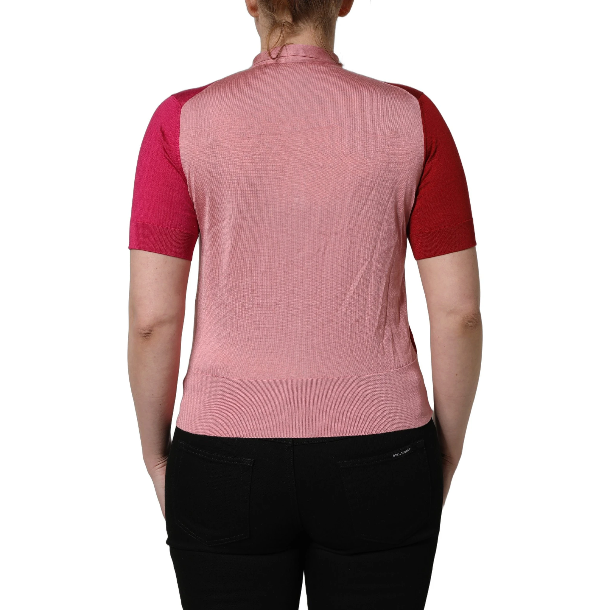 Pink Short Sleeves Buttoned Ascot Collar Top