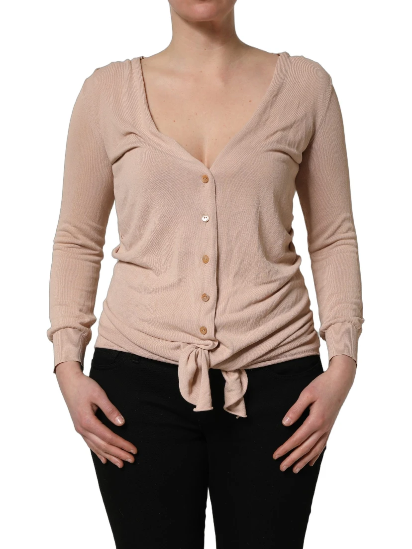 Beige Ribbed V-neck Front Tie Cardigan Sweater