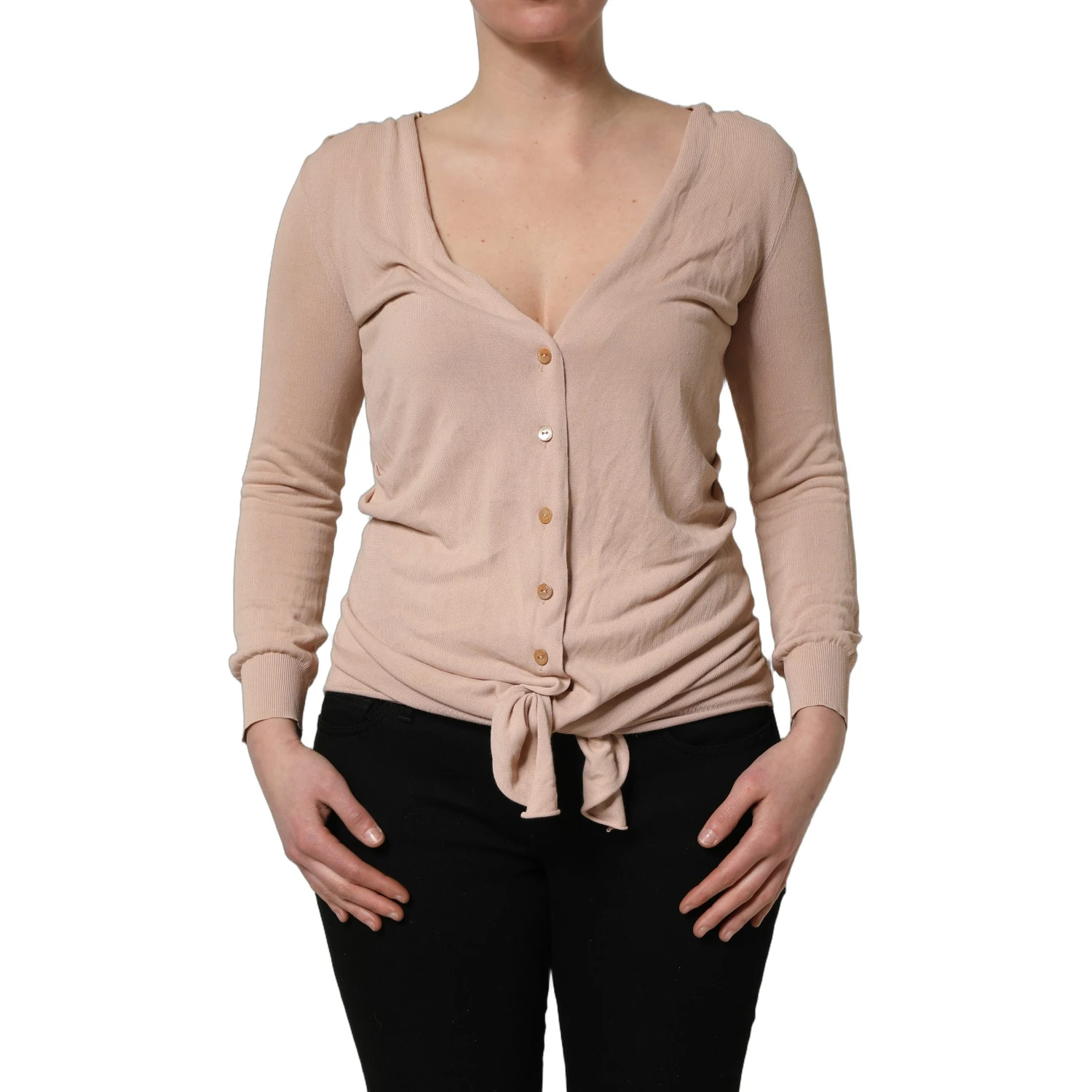 Beige Ribbed V-neck Front Tie Cardigan Sweater