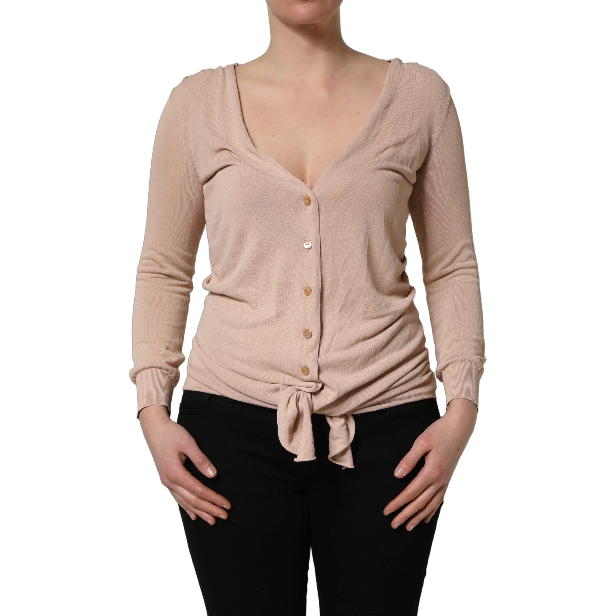 Beige Ribbed V-neck Front Tie Cardigan Sweater