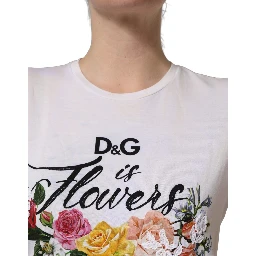 White D&G is Flowers Print Round Neck T-shirt