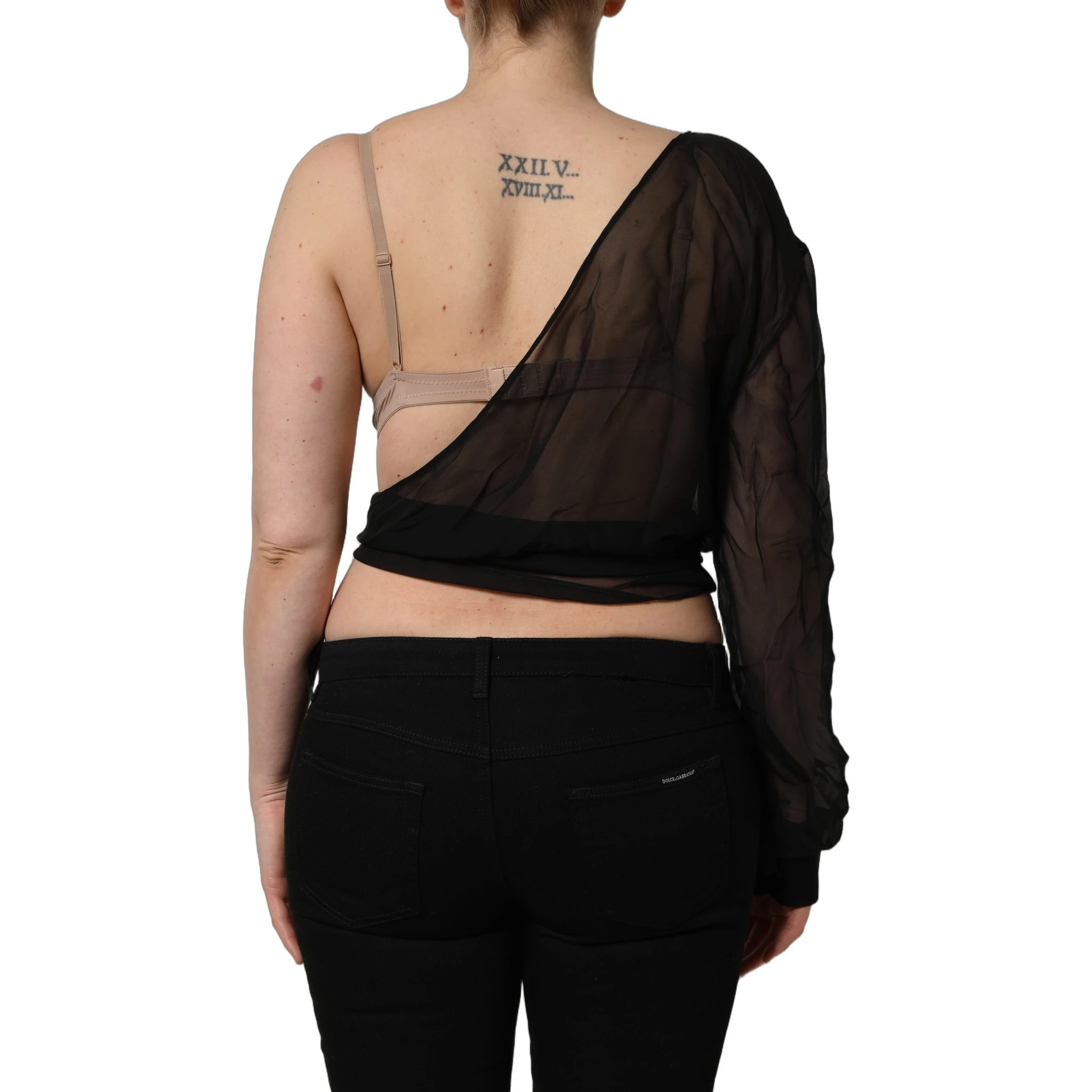 Black Wrap Sheer Chiffon One Shoulder Top