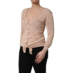 Beige Ribbed V-neck Front Tie Cardigan Sweater