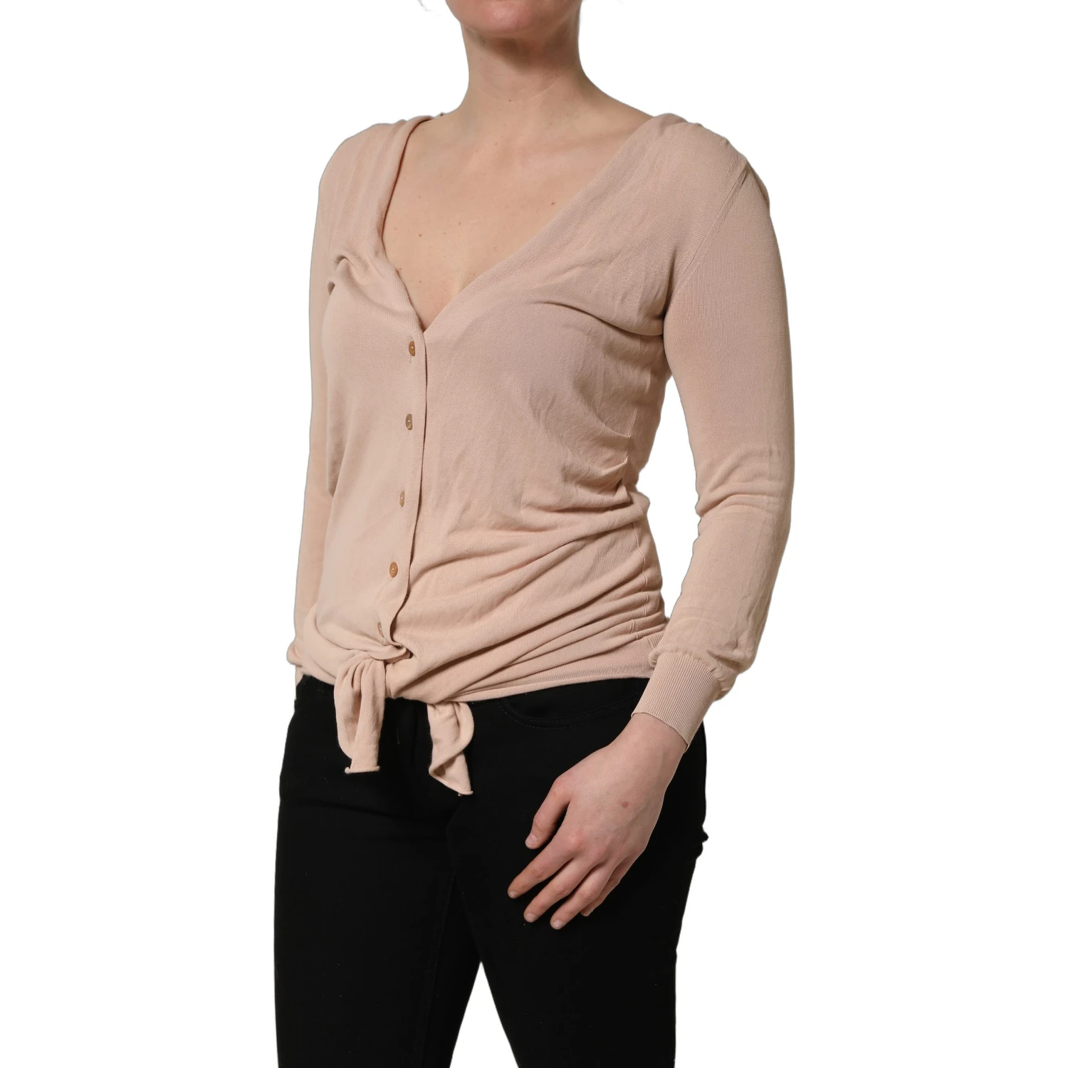 Beige Ribbed V-neck Front Tie Cardigan Sweater