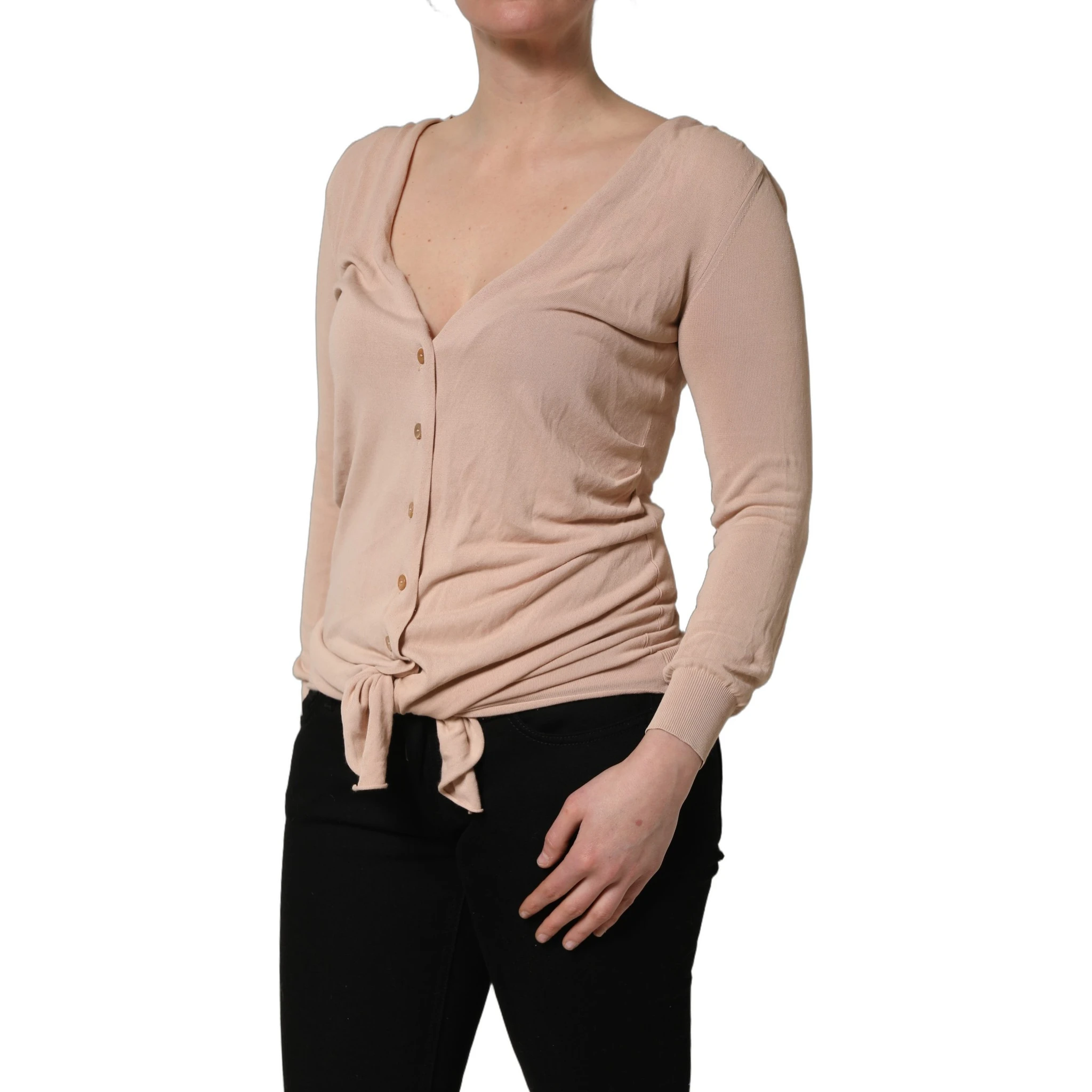 Beige Ribbed V-neck Front Tie Cardigan Sweater
