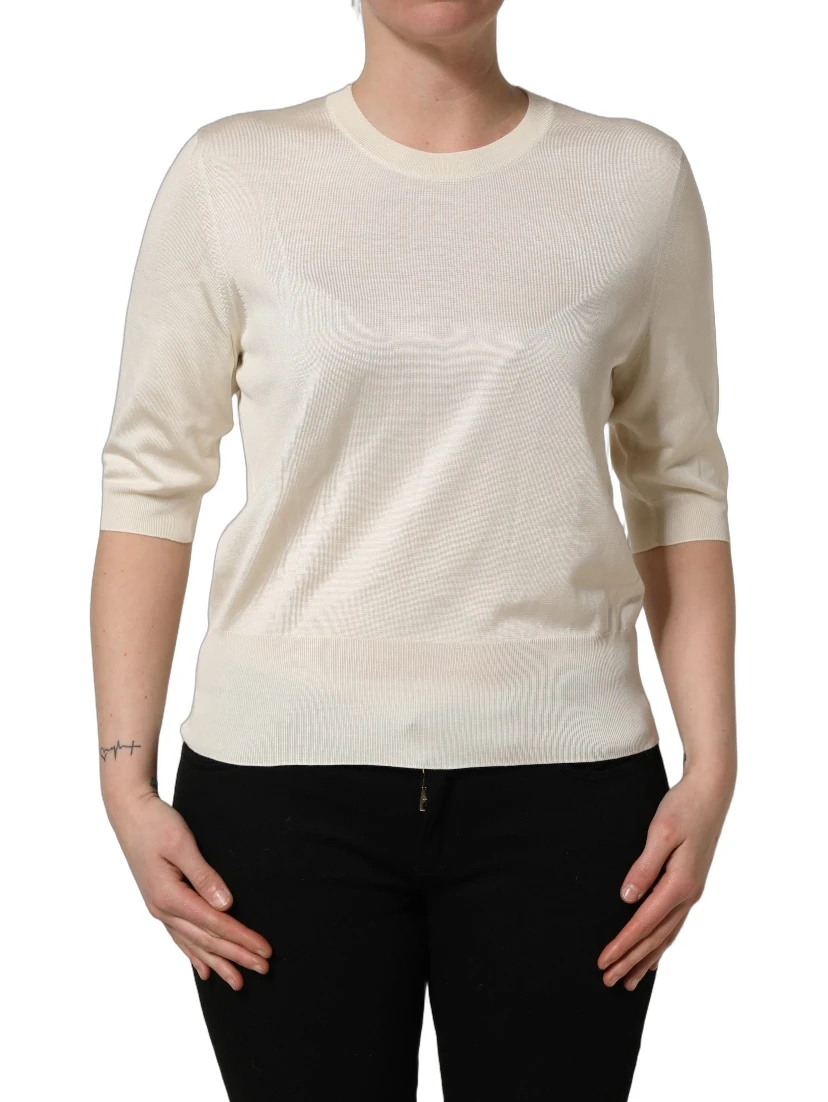Off White 3/4 Sleeves Crewneck Pullover Sweater