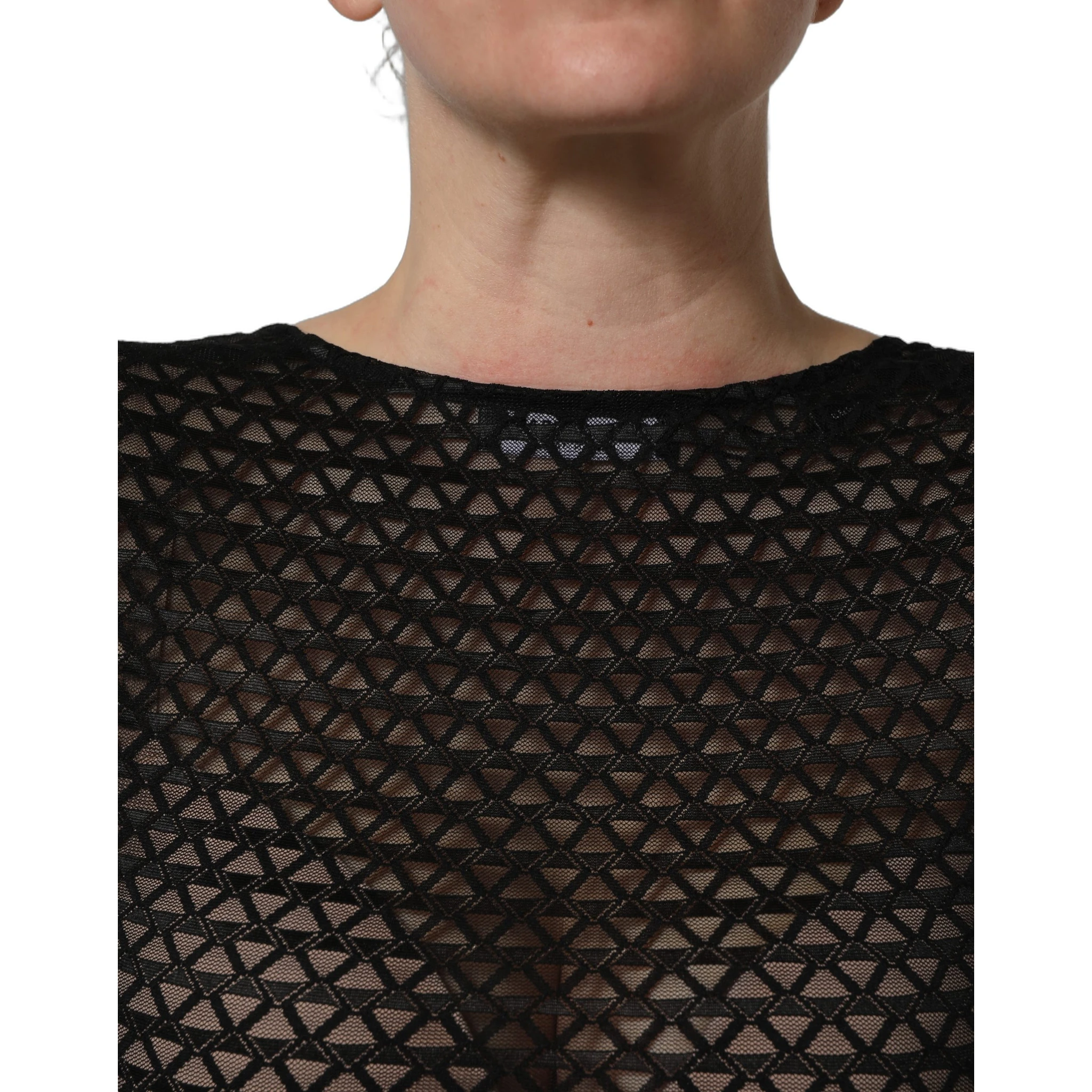 Black Nylon Fishnet Long Sleeve Cropped Top