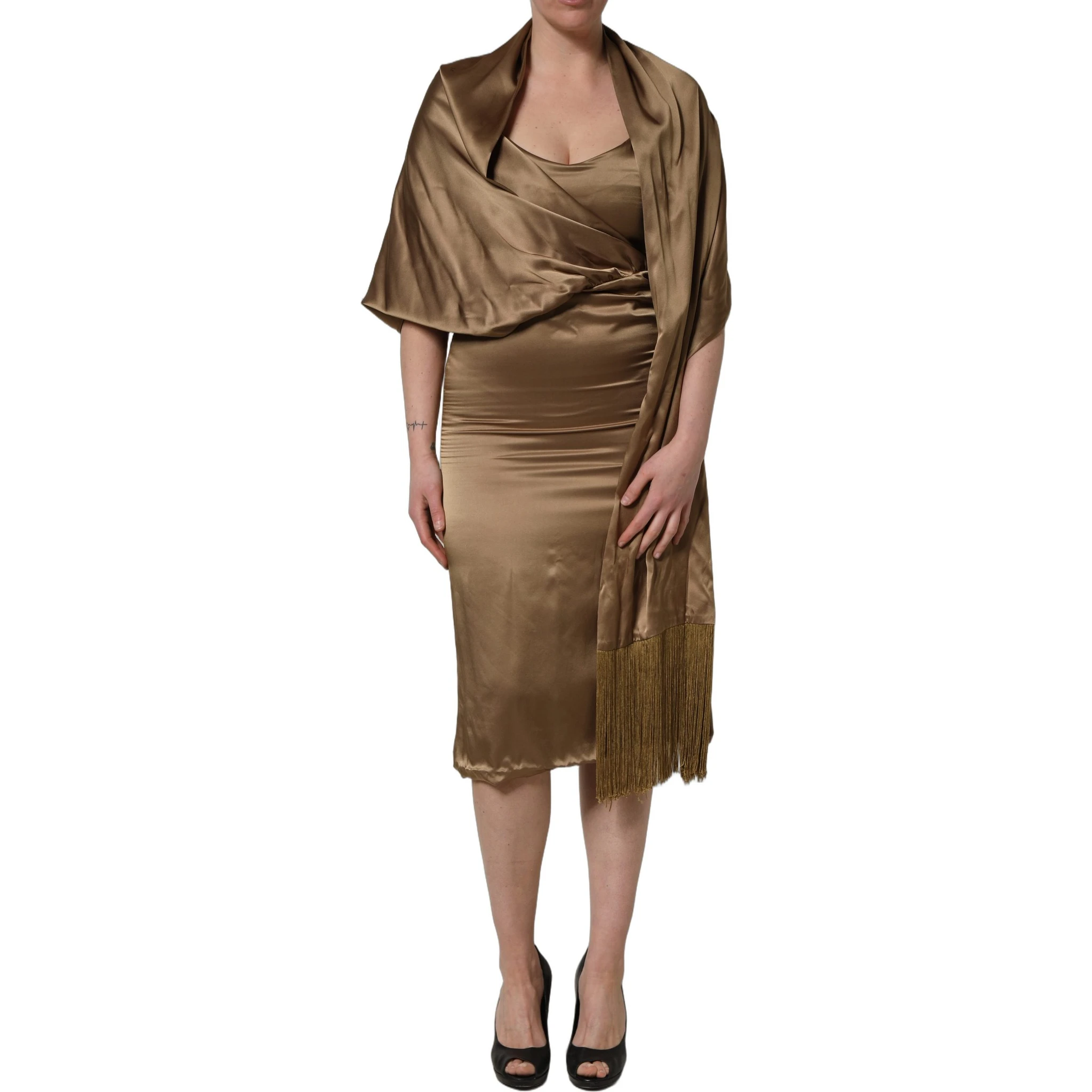 Bronze Toned Satin Fringe Hemmed Shawl Midi Dress