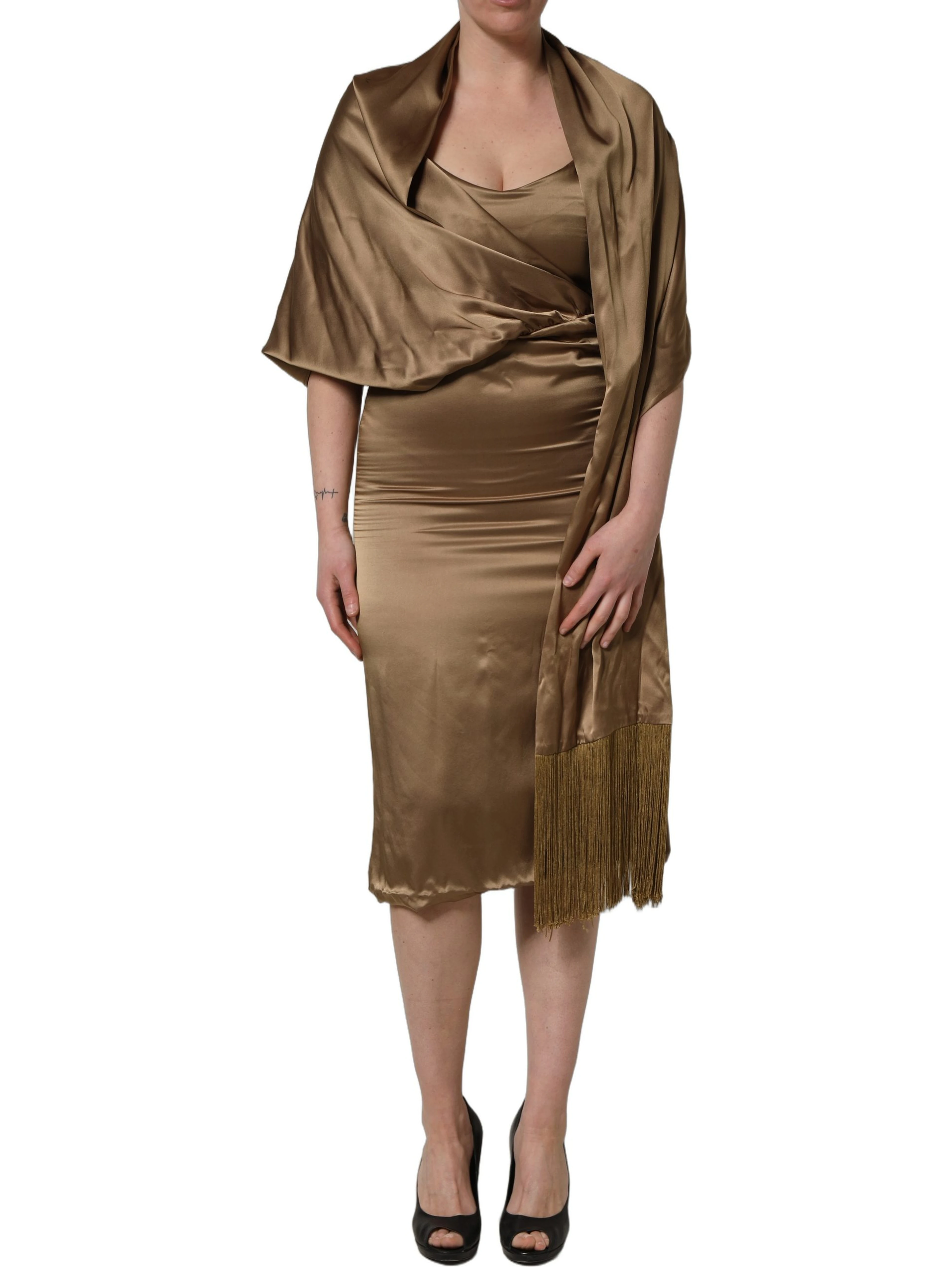 Bronze Toned Satin Fringe Hemmed Shawl Midi Dress