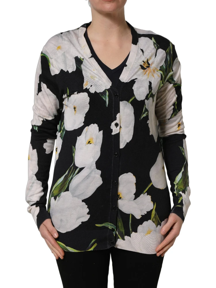 Black Floral Cashmere Silk Cardigan Sweater alternative